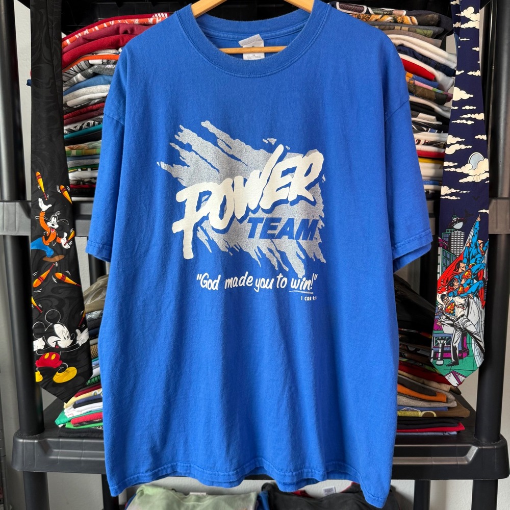Y2K Blue Power Team God Made You To Win Graphic T-Shirt XL
